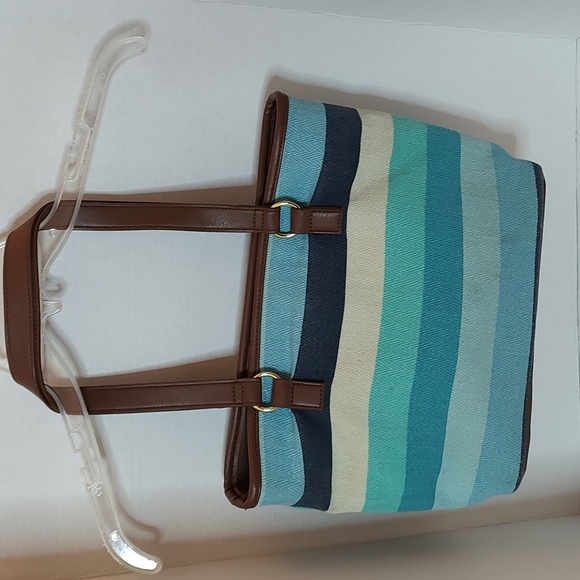 New Multi Turquoise & Blue Striped Shoulder Bag w/ Faux Leather Straps & Bottom - Picture 3 of 7
